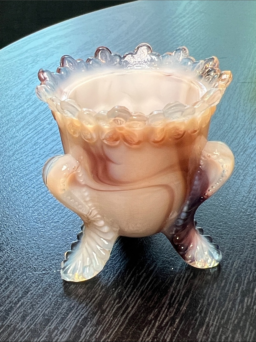VTG Degenhart Glass Forget Me Not Purple Slag Glass Toothpick Holder Mini Vase